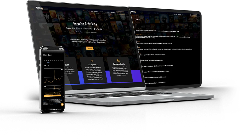 CuriosityStream investor relations website on a laptop, second screen and phone