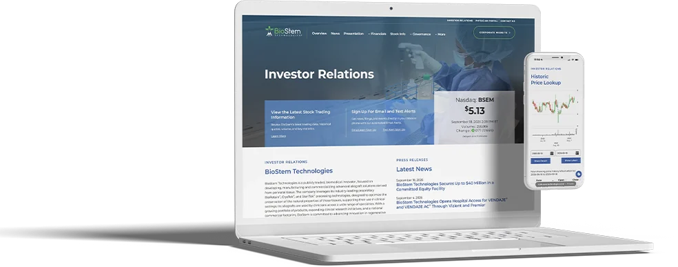 BioStem Technologies investor relations website on a laptop and phone