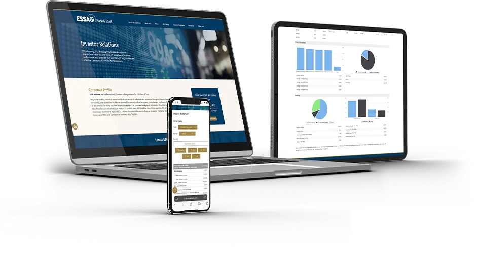 ESSA investor relations website on a laptop, tablet and phone