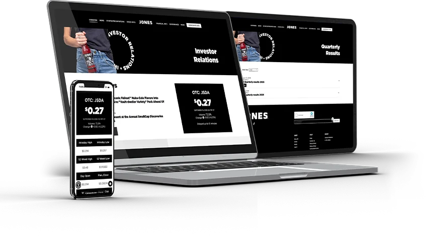 Jones Soda investor relations website on a laptop, second screen and phone