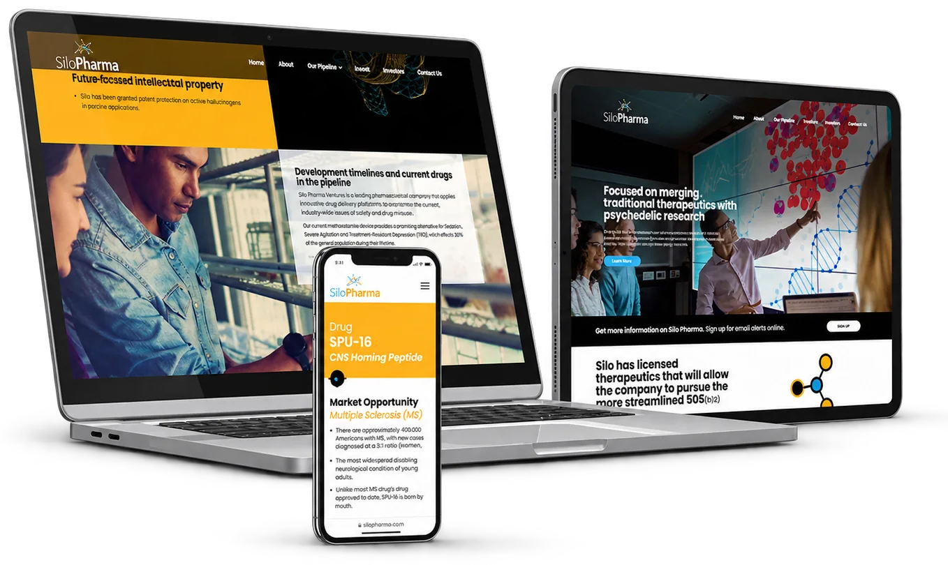 Pharmaceutical company website on a laptop, tablet and phone