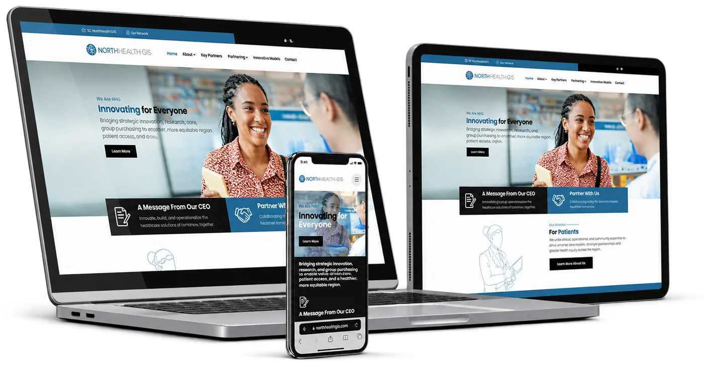 Healthcare company website on a laptop, tablet and phone