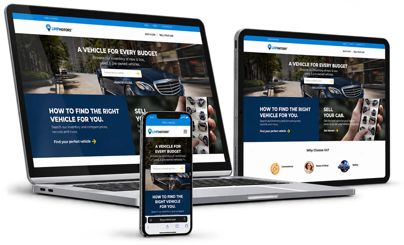 Vehicle marketplace website on a laptop, tablet and phone