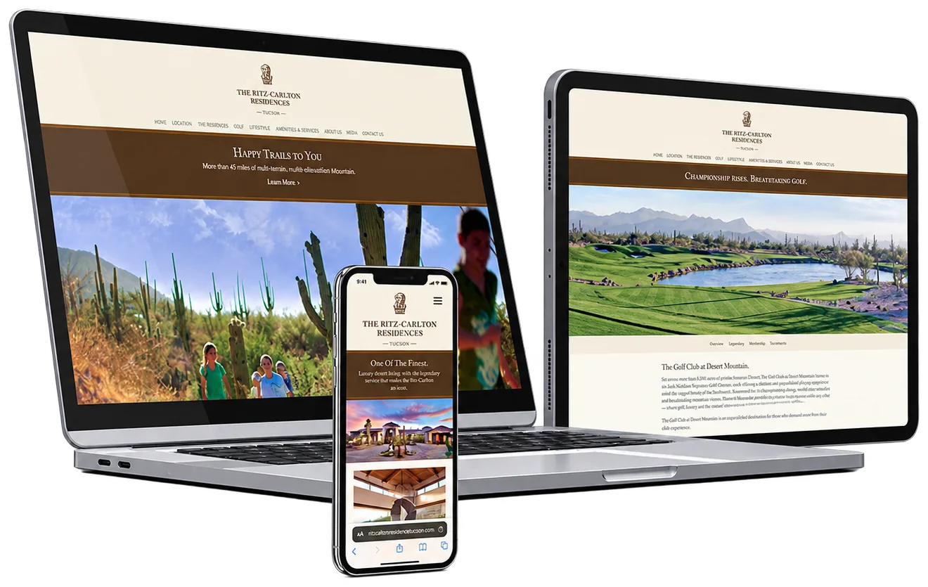 Resort community website on a laptop, tablet and phone