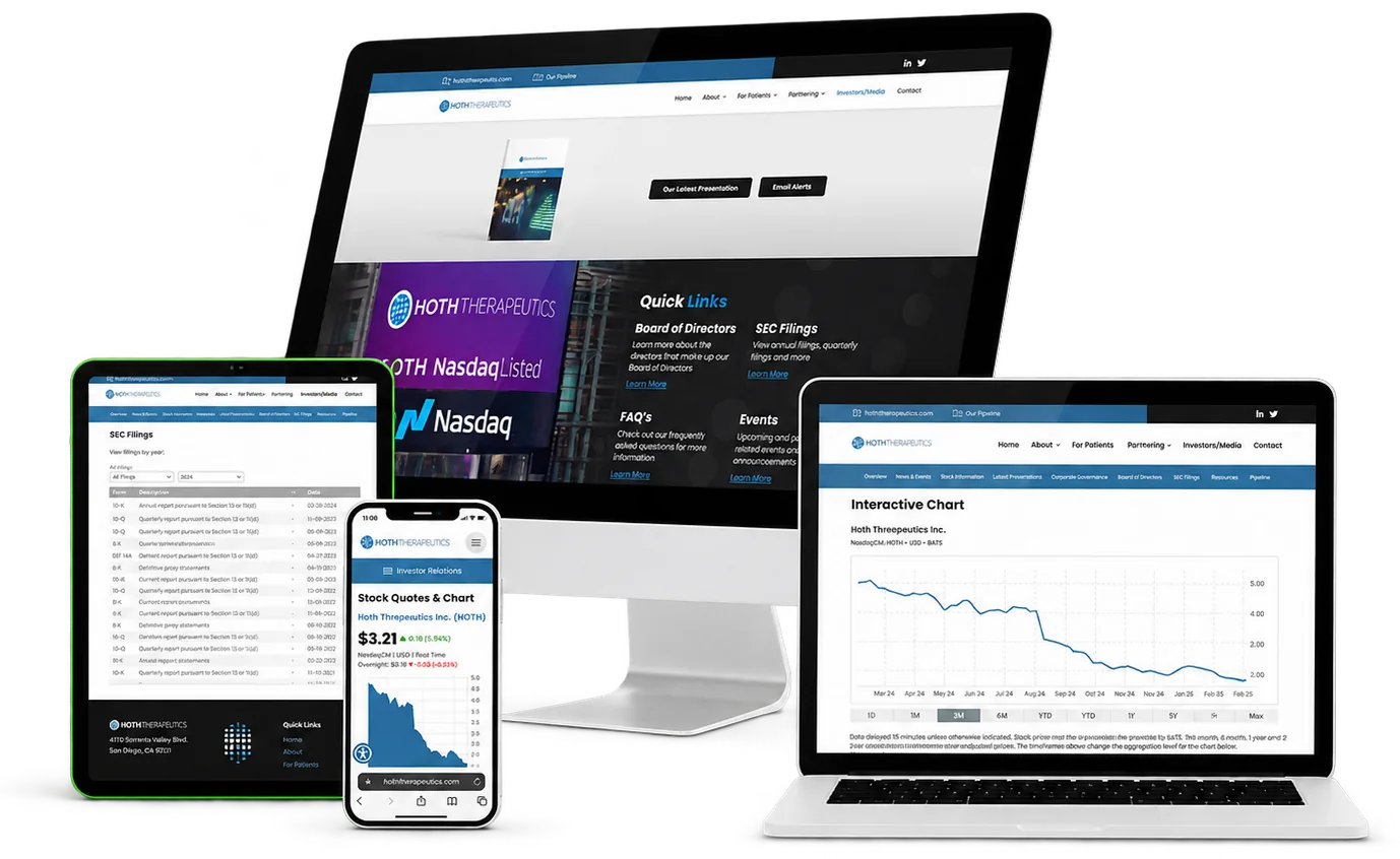 Investor relations website with a stock chart on a desktop, laptop, tablet and phone