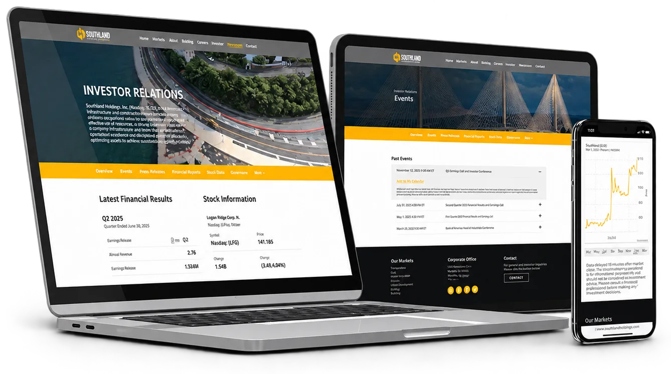 Investor relations website on a laptop, tablet and phone