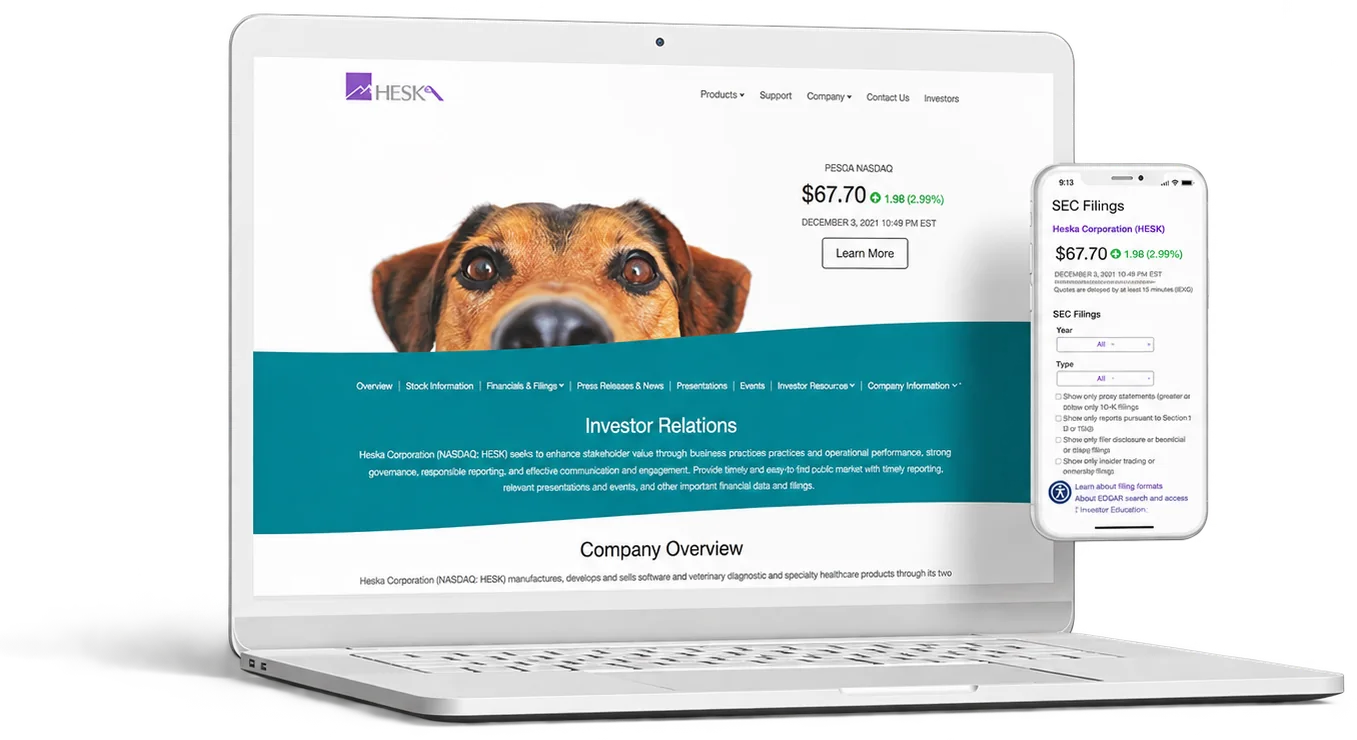 Investor relations website with a company overview on a laptop and phone