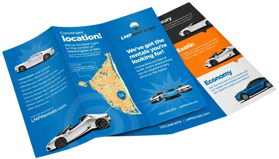 Tri-fold brochure for a car rental company