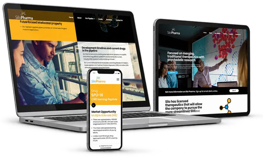 Pharmaceutical company website on a laptop, tablet and phone