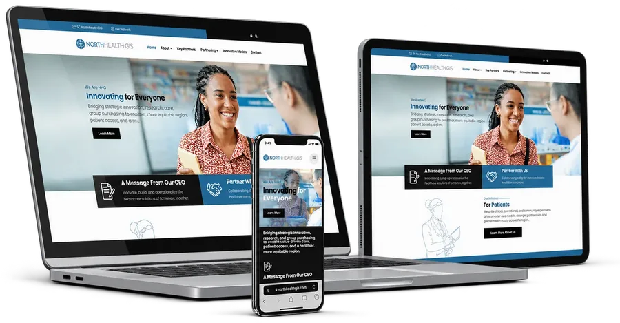 Healthcare company website on a laptop, tablet and phone