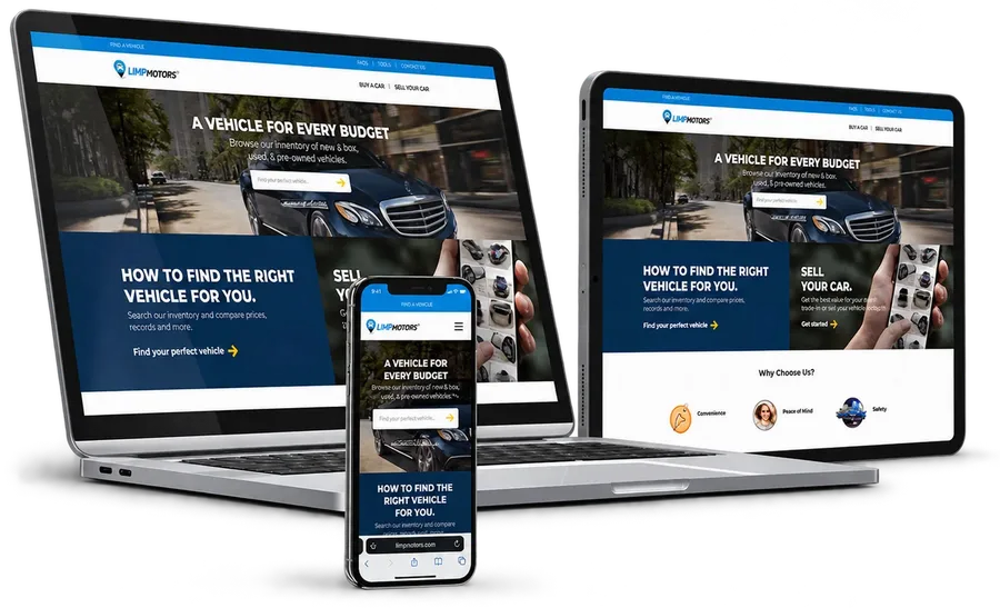 Vehicle marketplace website on a laptop, tablet and phone