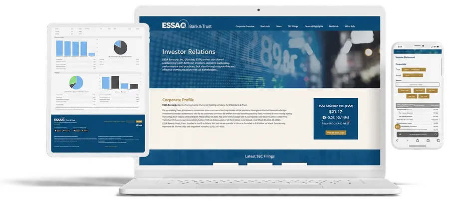 ESSA investor relations website on a laptop, tablet and phone