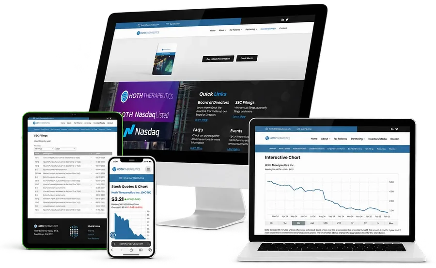 Investor relations website with a stock chart on a desktop, laptop, tablet and phone