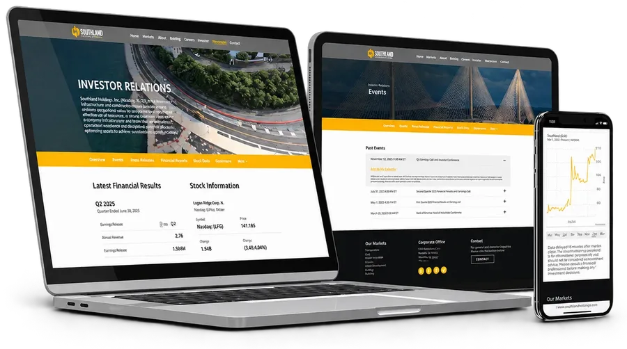 Investor relations website on a laptop, tablet and phone
