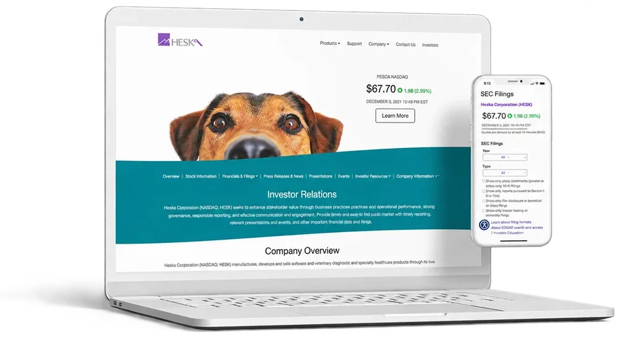 Investor relations website with a company overview on a laptop and phone